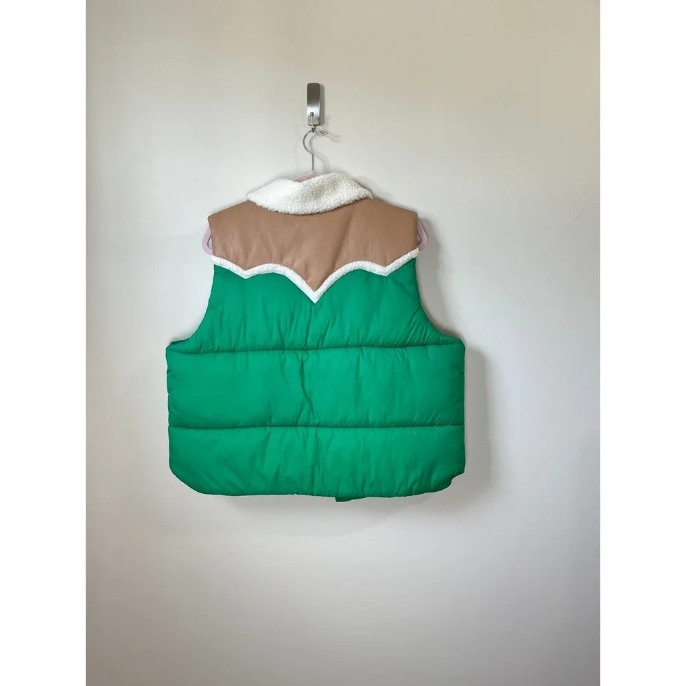 MOTHER The Ol West Puffer Vest Bright Green Tan Sherpa Collar XL - Picture 3 of 7